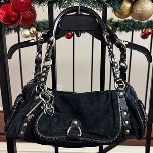 Juicy Couture Black Studded Suede Shoulder Bag with Charm Accents